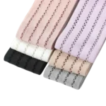 A collection of premium hollow elastic stretch ribbon straps in 6 colors: White, Pink, Purple, Grey, Black, and Light Beige for DIY clothing alterations and crafts.