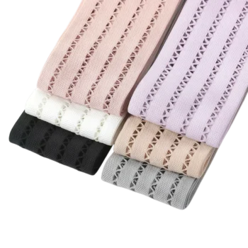 A collection of premium hollow elastic stretch ribbon straps in 6 colors: White, Pink, Purple, Grey, Black, and Light Beige for DIY clothing alterations and crafts.