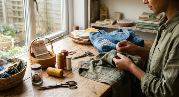 A woman hand-sewing a green shirt on a wooden table next to a homemade denim tote bag, spools of natural thread, and a 36 Pcs Big Eye Needle Kit package by the window.